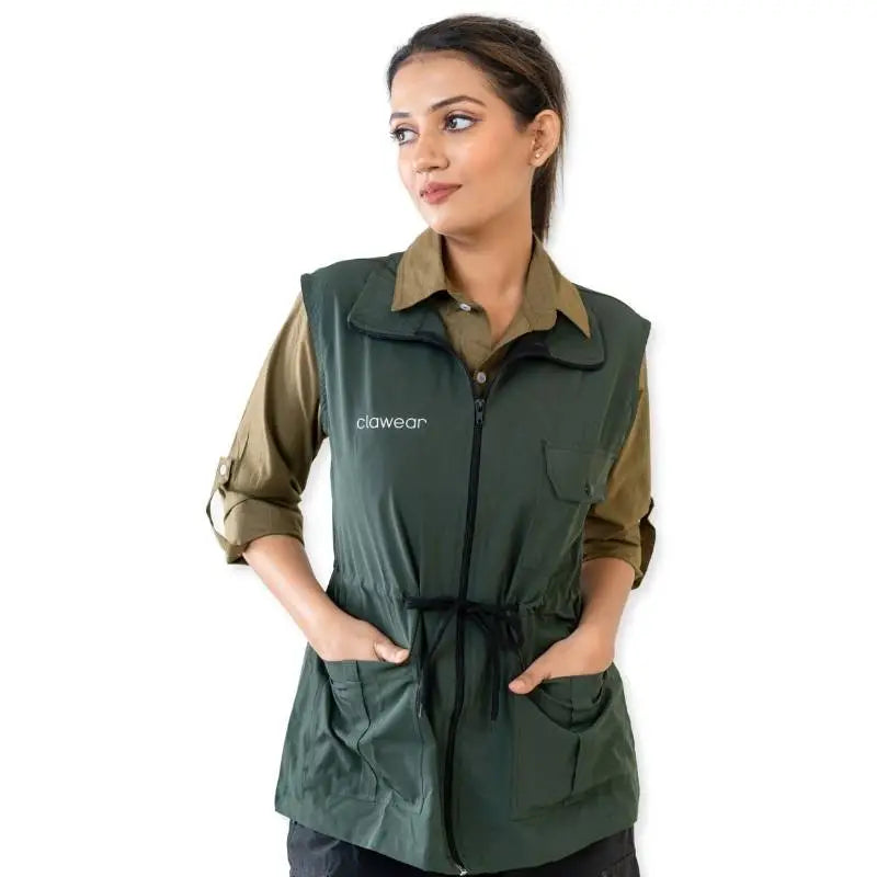 Clawear women's Sundarbans utility vest jacket in green with multiple pockets and adjustable straps, designed for outdoor activities.
