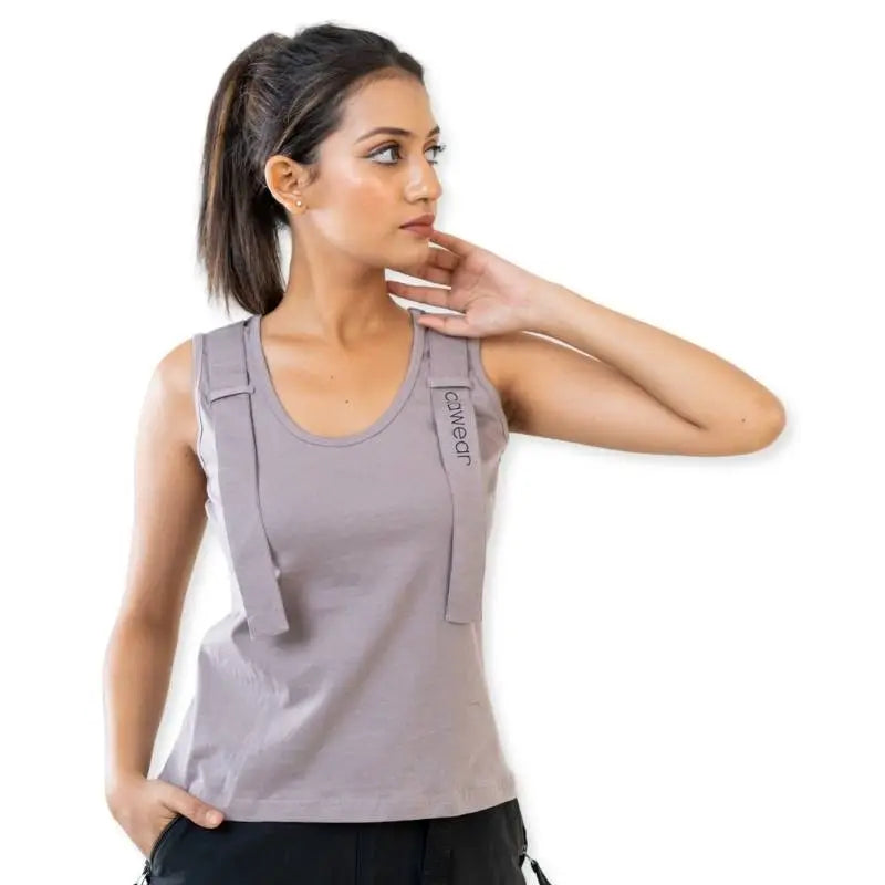 Clawear Women's Tadoba Tank Top, grey sleeveless T-shirt with round neckline, casual athletic style, shown on a model.