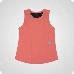 Coral-colored sleeveless top with a black inner collar and subtle gray logo on the lower right side.