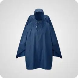 Dark blue waterproof poncho with a hood and front closure.