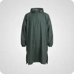 Dark green, hooded rain poncho with a sleek, minimalist design.