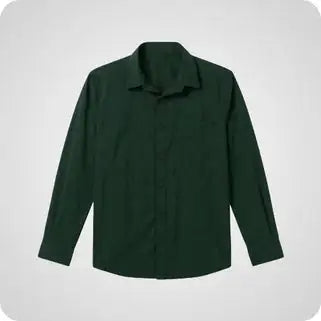 Dark green, long-sleeved button-up shirt with a classic collar and front pockets.