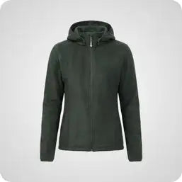 Dark green zip-up hoodie with a soft, fleece-like texture and a subtle sheen.