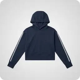 Dark navy cropped hoodie with white striped sleeves.
