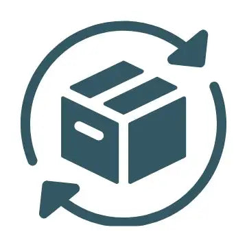 Dark teal return shipping box icon with circular arrows.