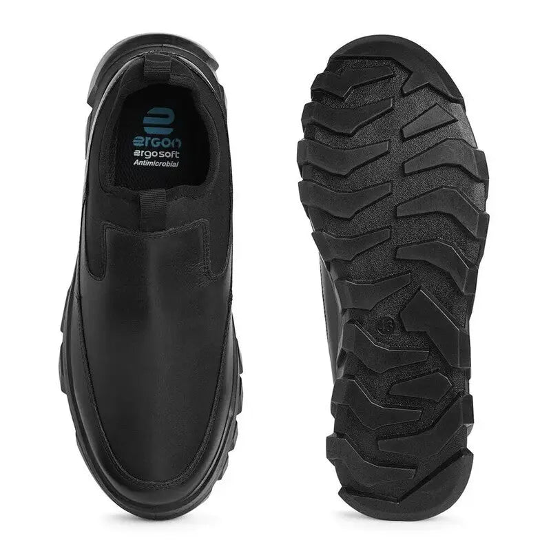 Black Ergon men's outdoor water-resistant leather shoes with sturdy soles and stylish design, suitable for outdoor activities.
