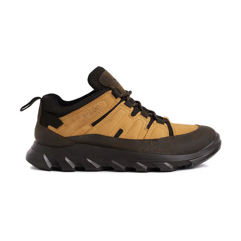 Ergon men's outdoor water-resistant leather shoes shown in brown, featuring sturdy design and durable laces.