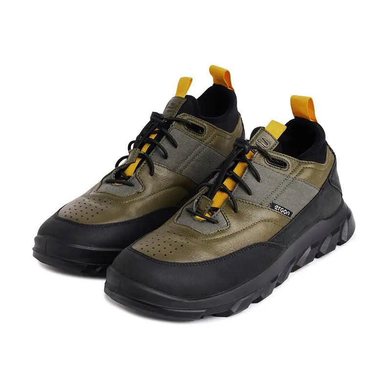 Ergon men's outdoor water-resistant leather shoes in green, featuring durable stitching and rugged outsole for outdoor activities.