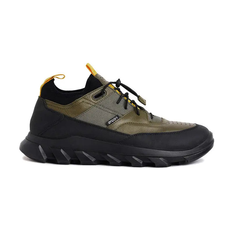 Ergon men's outdoor water-resistant leather shoes in green with sturdy sole and breathable design for outdoor activities.