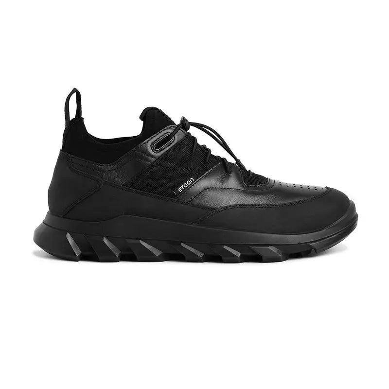 Black Ergon men's outdoor water-resistant leather shoes with sturdy soles, suitable for hiking and outdoor activities.