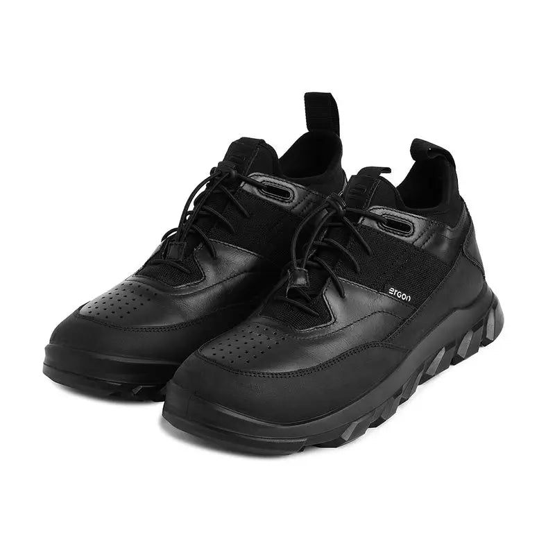 Ergon men's outdoor water-resistant leather shoes in black, featuring sturdy soles and a sleek design for outdoor activities.