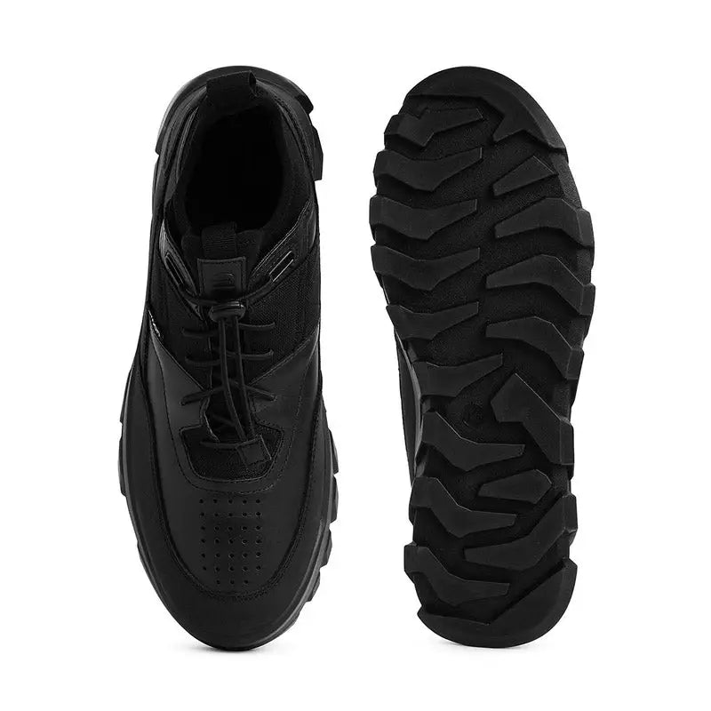 Ergon men's outdoor water-resistant leather shoes in black, featuring sturdy design and durable outdoor footwear for hiking and walking.