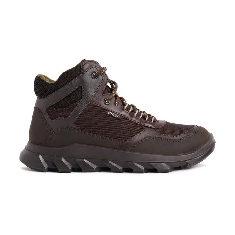 Ergon men's outdoor water-resistant leather shoes in brown, featuring sturdy soles and stylish design for outdoor activities.