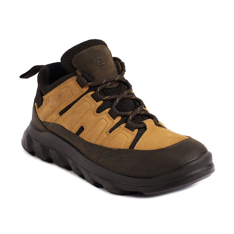 Ergon men's outdoor water-resistant leather shoes with sturdy soles and brown leather finish, designed for rugged outdoor wear.