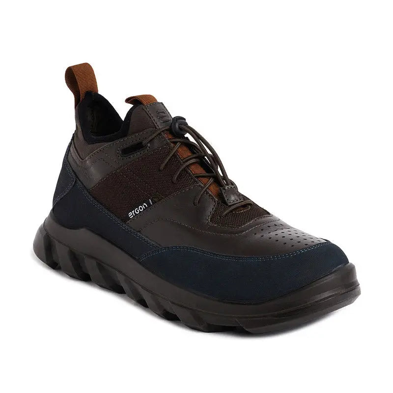 Ergon men's outdoor water-resistant leather shoes with sturdy design and brown finish, suitable for hiking and outdoor activities.