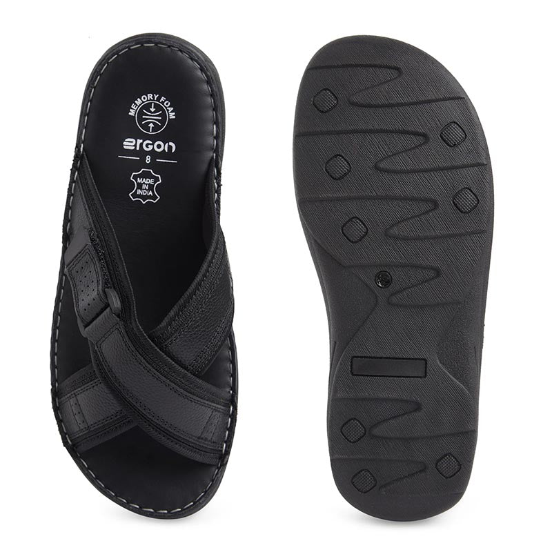 Ergon men's Spring Field outdoor leather slipper in black, featuring a comfortable slip-on design and durable leather material.