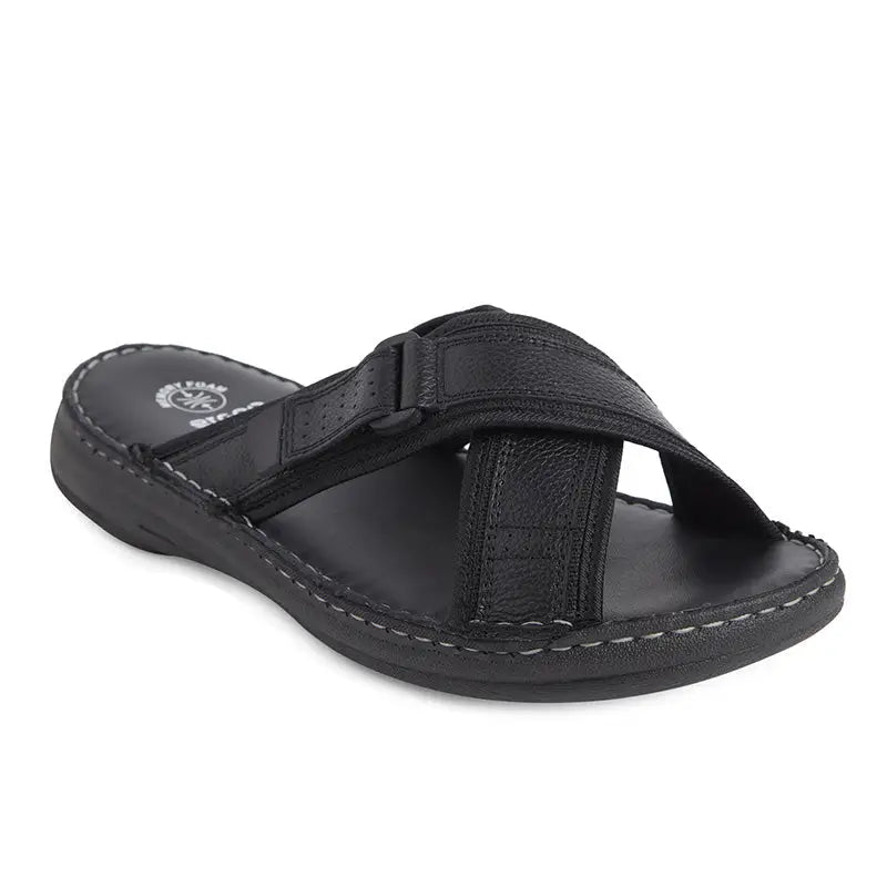 Black Ergon men's spring field outdoor leather slipper with sturdy sole, comfortable slip-on design, ideal for outdoor casual wear.