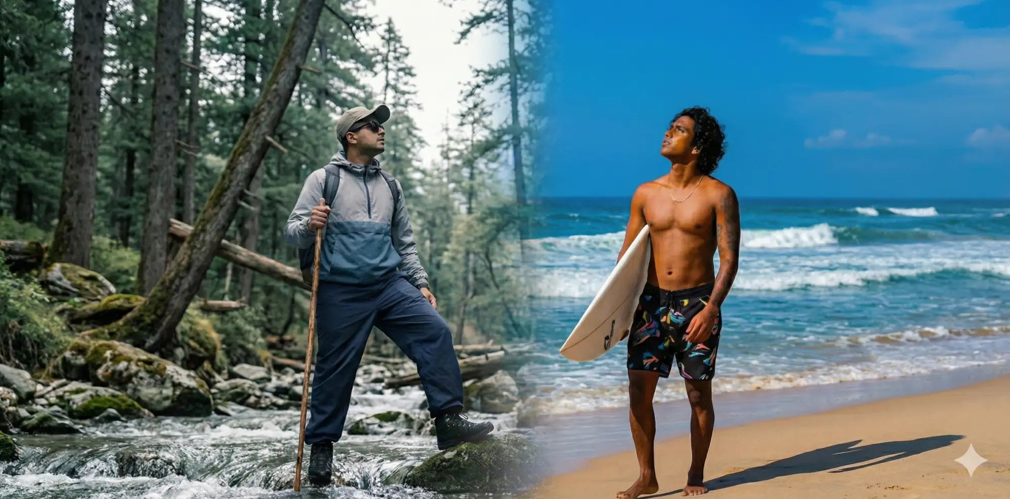 The image features two distinct scenes: on the left, a man in a grey and blue hooded jacket with dark pants stands near a forest stream holding a wooden stick; on the right, another man shirtless wearing patterned swim trunks holds a