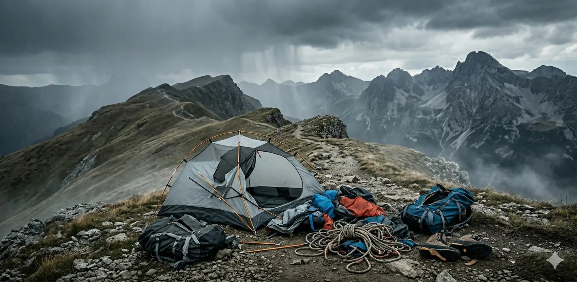 Gray and black mountain tent with a mesh window, set up on rocky terrain