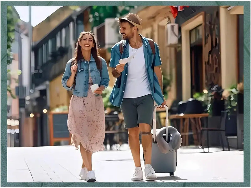 Gray rolling suitcase with a retractable handle and a gray neck pillow attached to its side.