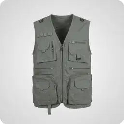 Gray utility vest with multiple pockets and a front zipper.