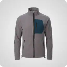 Gray zip-up fleece jacket with a teal-colored patch on the left chest.