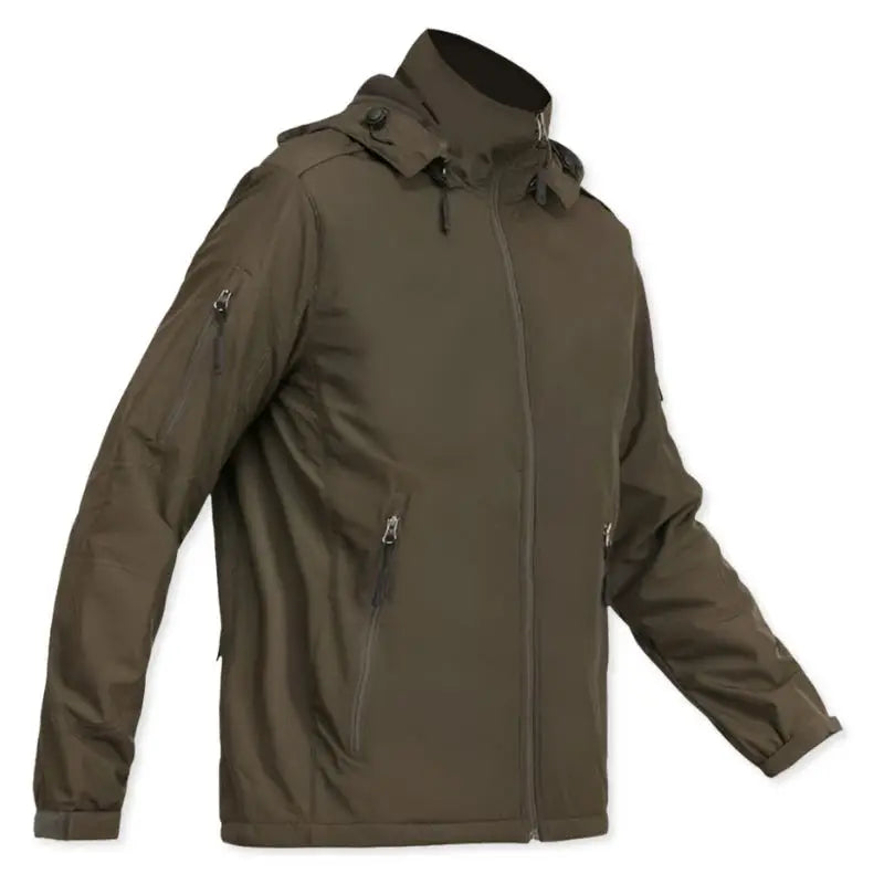 Indian Sports Gear men's waterproof army jacket made of anti-pilling fleece fabric in olive green, 100% polyester.
