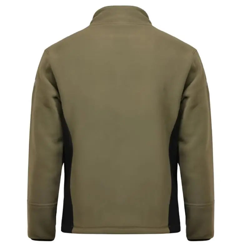 Indian Sports Gear men's anti-pilling fleece winter jacket in green and black, windproof, 100% polyester, shown on a hanger.