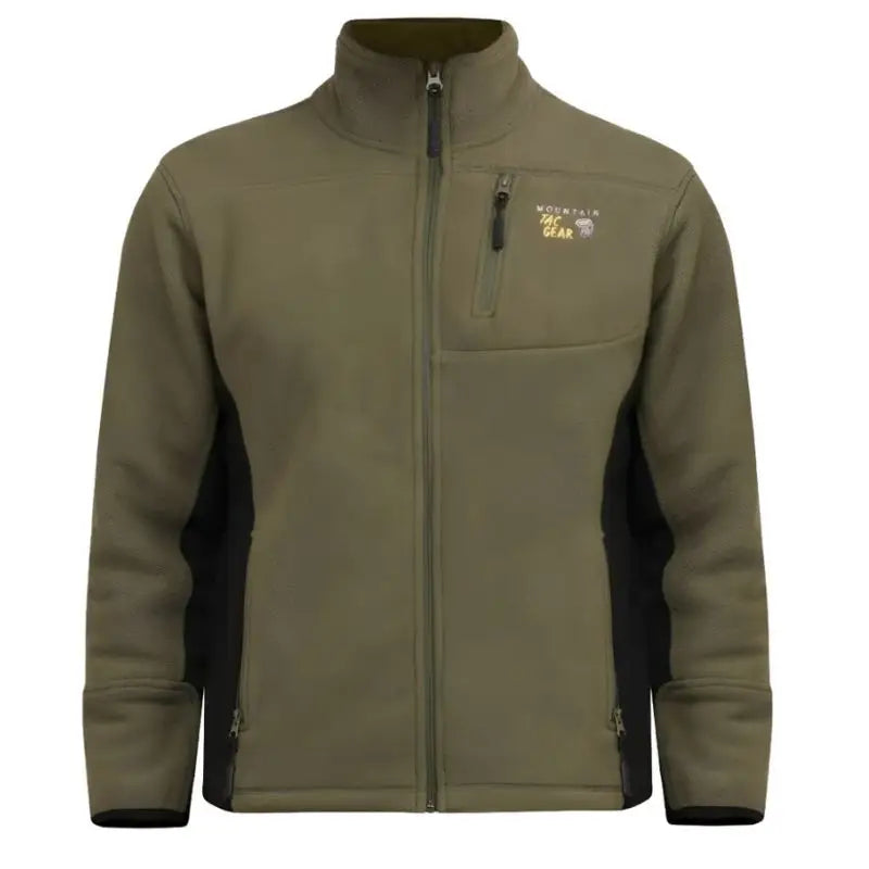 Indian Sports Gear men's anti-pilling fleece winter jacket in green and black, windproof 100% polyester with full zip and stand collar.