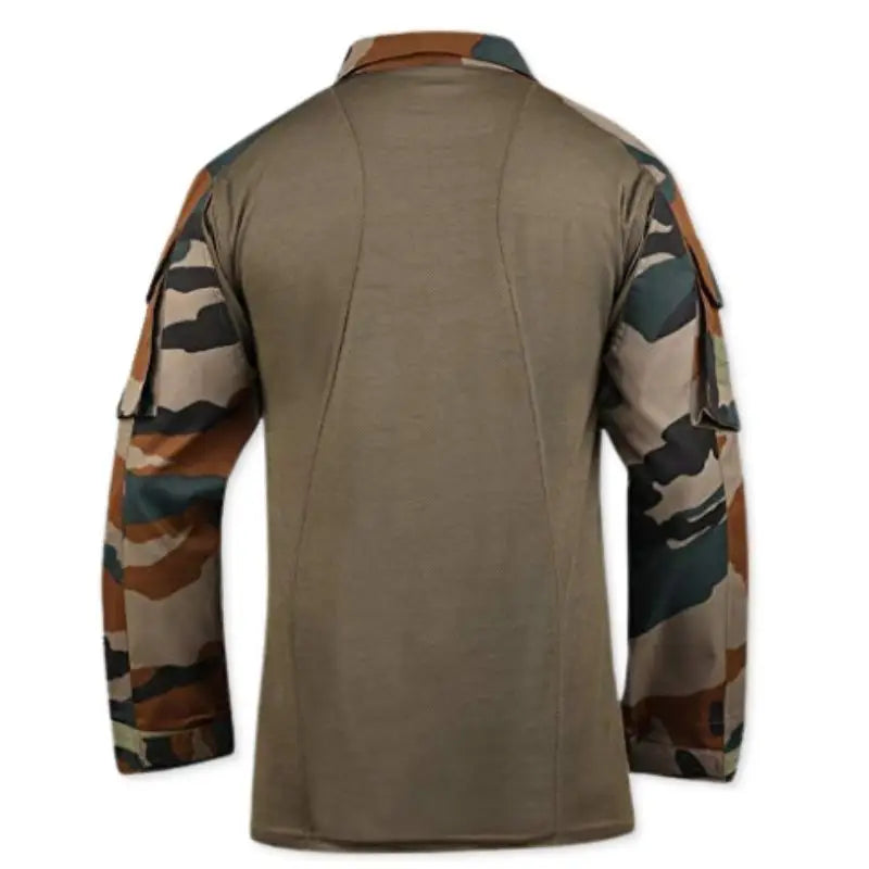 Indian Sports Gear men's army dry fit tactical full sleeves T-shirt, black military-style athletic T-shirt with camouflage accents.
