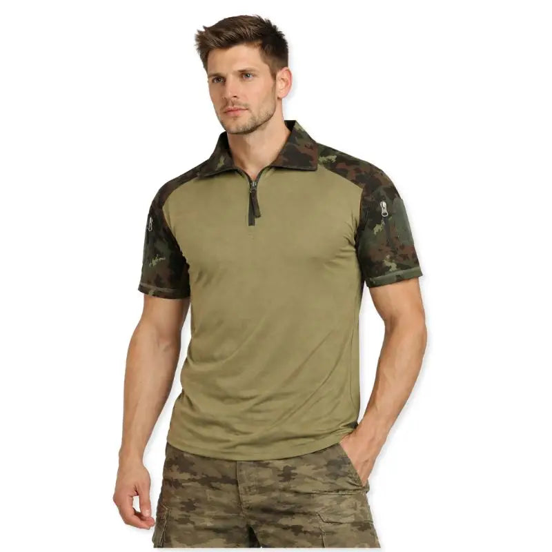 Indian Sports Gear men's army tactical half sleeve T-shirt with digital camouflage pattern, ideal for outdoor and tactical activities.