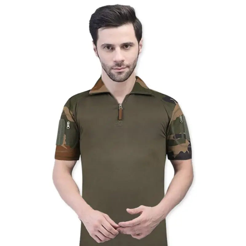 Green men's tactical T-shirt from Indian Sports Gear with half sleeves, designed for active and casual wear.