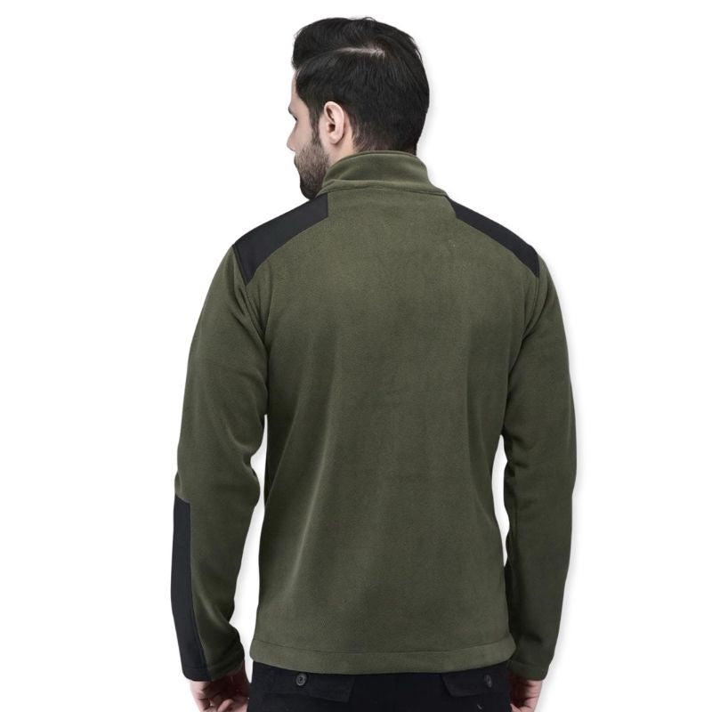 Indian Sports Gear men's defender fleece jacket in black and olive green, designed for warm winter wear and outdoor activities.