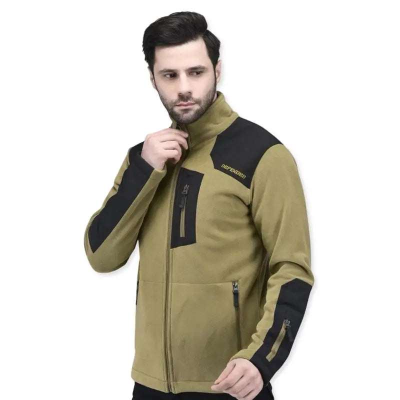 Indian Sports Gear men's defender fleece winter jacket in black, shown on a hanger with a cozy, warm fleece design.