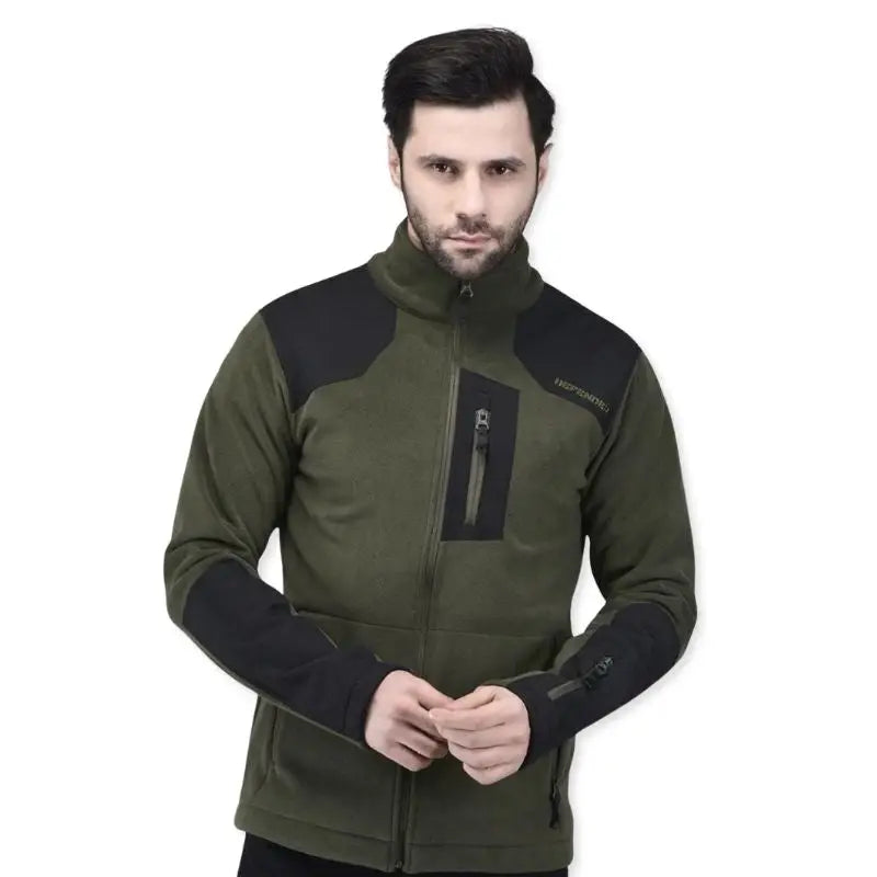 Indian Sports Gear men's black defender fleece winter jacket with olive green accents, warm and comfortable for cold weather.