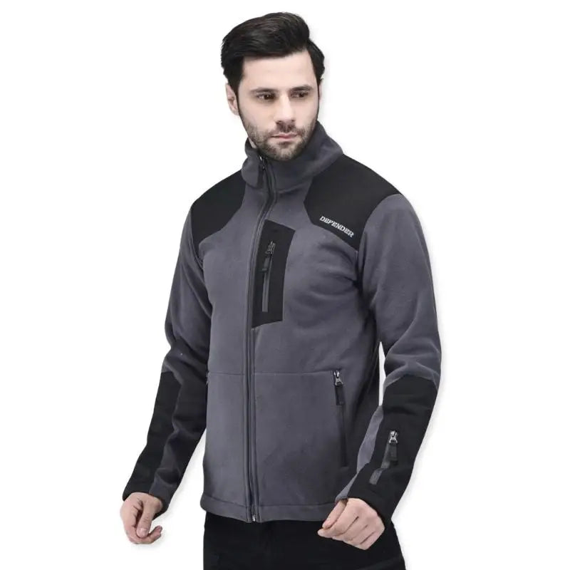 Indian Sports Gear men's Defender fleece winter jacket in gray and black, warm and cozy for cold weather.