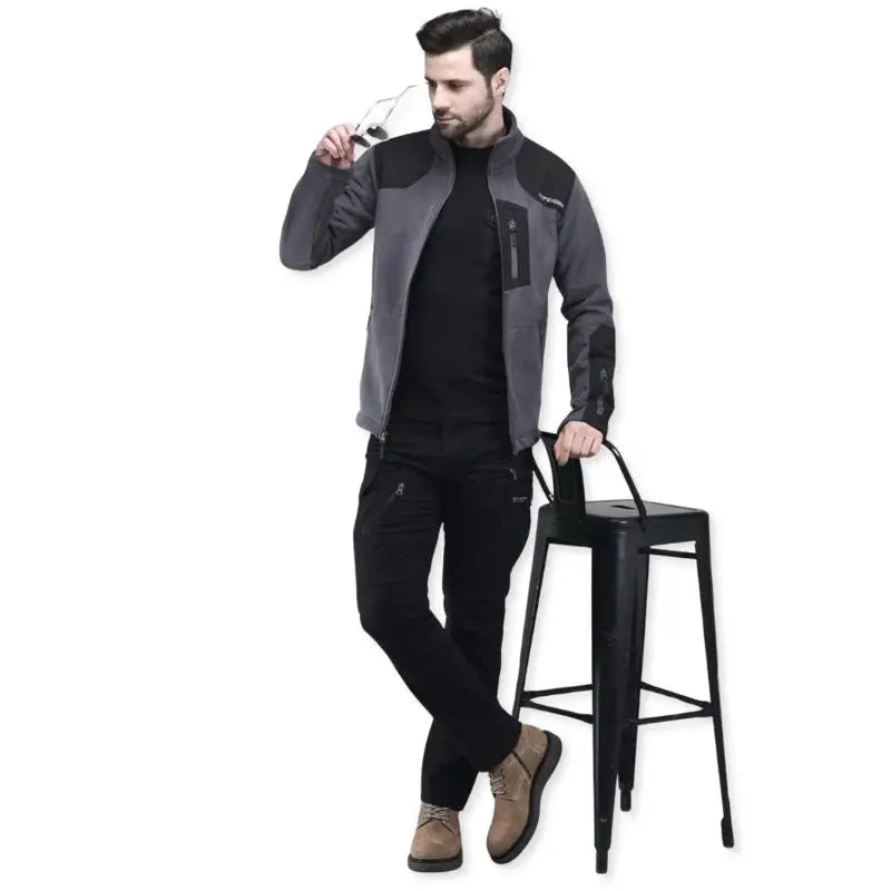 Indian Sports Gear men's defender fleece winter jacket in grey and black, warm and cozy for cold weather.