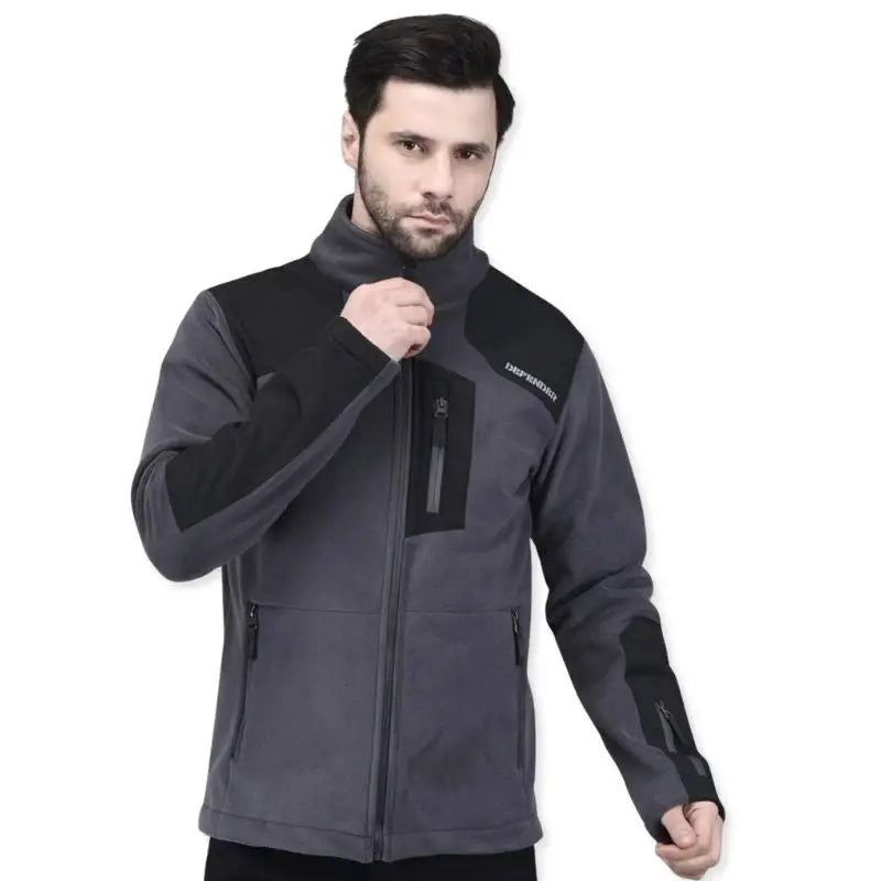 Indian Sports Gear men's Defender fleece winter jacket in gray and black, warm and cozy for cold weather.