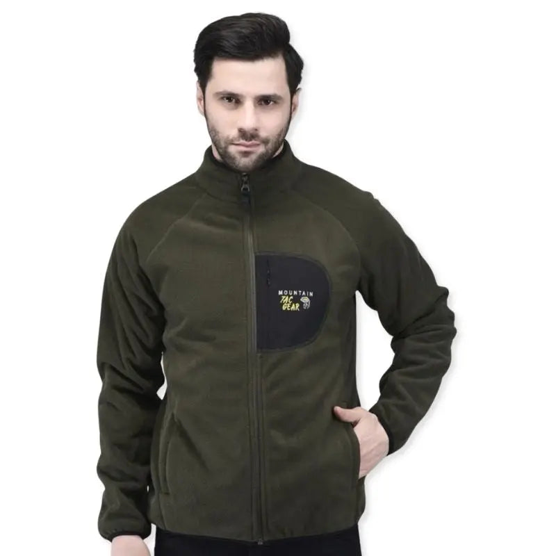 Indian Sports Gear men's tactical mountain wind jacket in olive green with double fleece lining, designed for outdoor sports and activities.