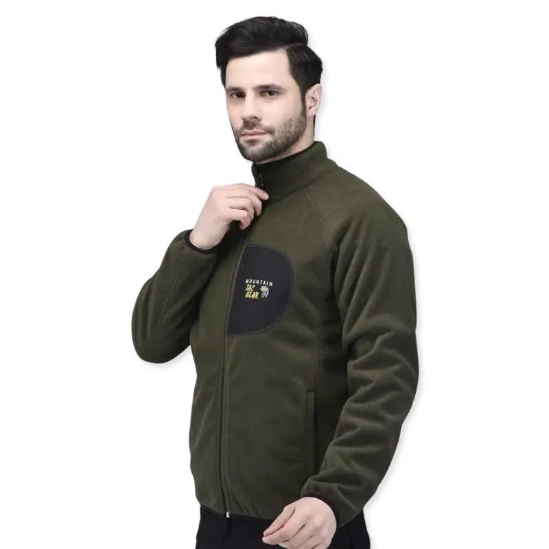 Indian Sports Gear men's mountain tactical wind jacket in olive green, featuring double fleece lining for warmth and outdoor durability.
