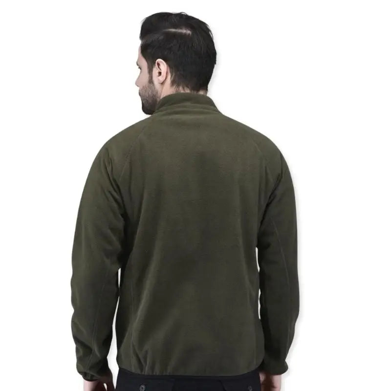 Indian Sports Gear men's tactical double fleece wind jacket in olive green with a high collar and zip front, suitable for outdoor sports.