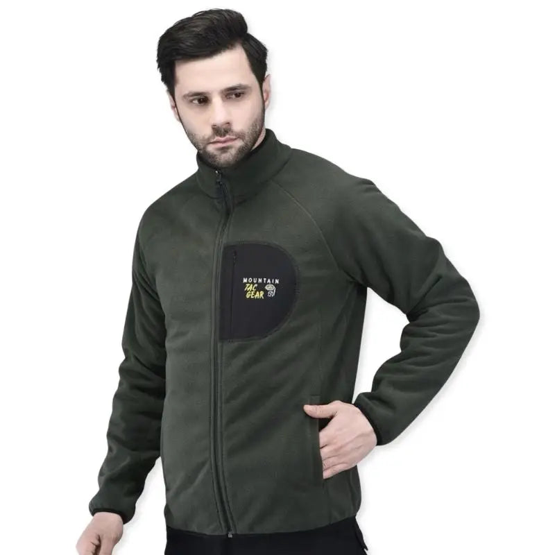 Indian Sports Gear men's tactical double fleece wind jacket in green, designed for outdoor sports and mountain activities.