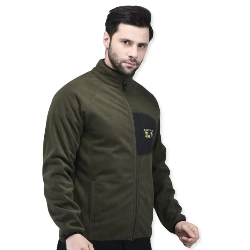 Indian Sports Gear men's tactical wind fleece jacket in olive green, designed for mountain sports and outdoor activities.