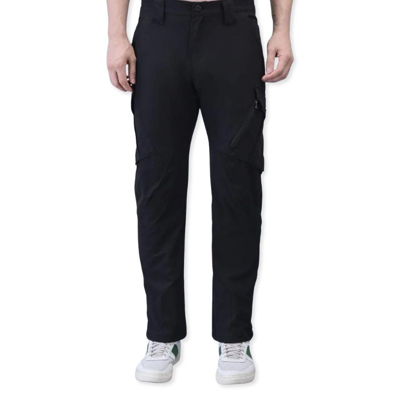 Indian Sports Gear men's black nylon lycra stretchable cargo pants, lightweight and comfortable for active wear.