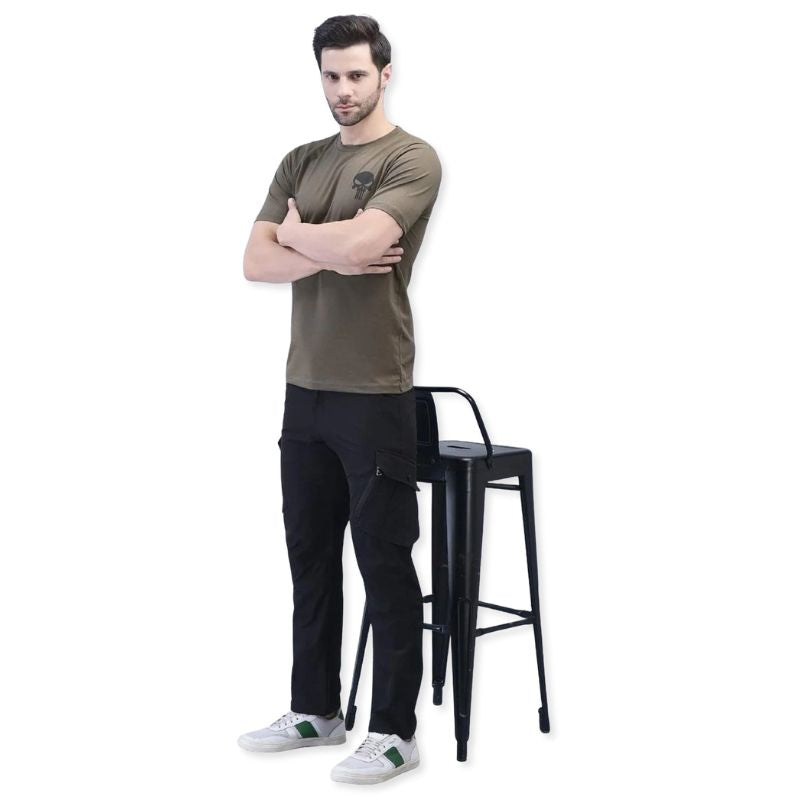 Black men's nylon Lycra stretchable cargo pants by Indian Sports Gear, featuring multiple pockets and a comfortable fit.