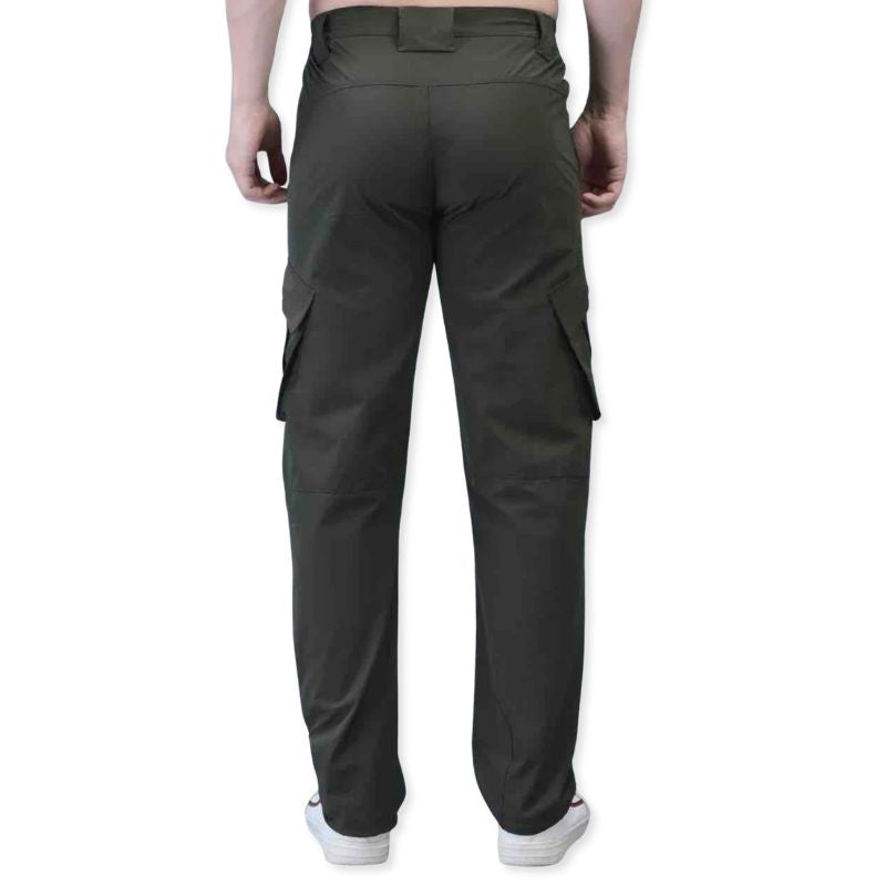 Green men's stretchable nylon lycra cargo pants by Indian Sports Gear, featuring multiple pockets and comfortable fit.