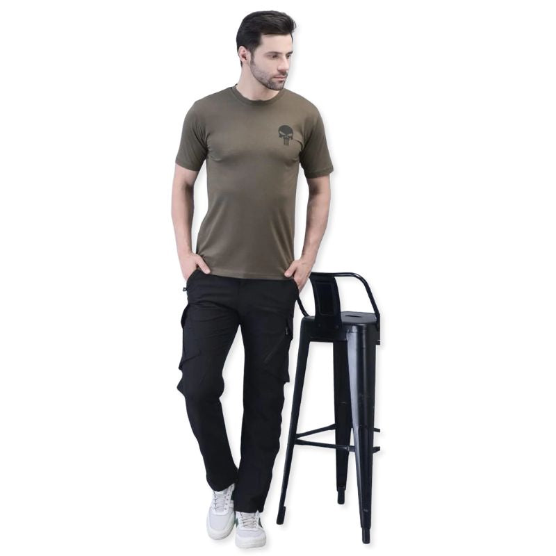Black men's stretchable nylon lycra cargo pants by Indian Sports Gear, featuring a comfortable fit and multiple pockets.