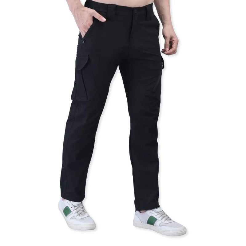Black men's nylon lycra stretchable cargo pants by Indian Sports Gear, featuring multiple pockets and a comfortable fit.