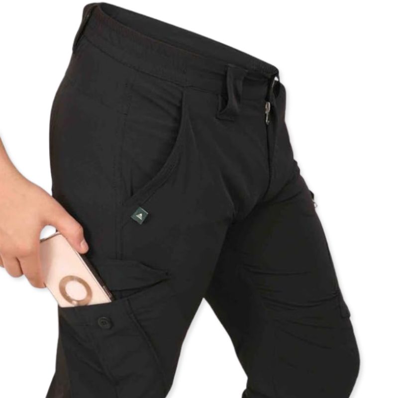 Black men's nylon lycra stretchable cargo pants by Indian Sports Gear, featuring multiple pockets and a comfortable fit.