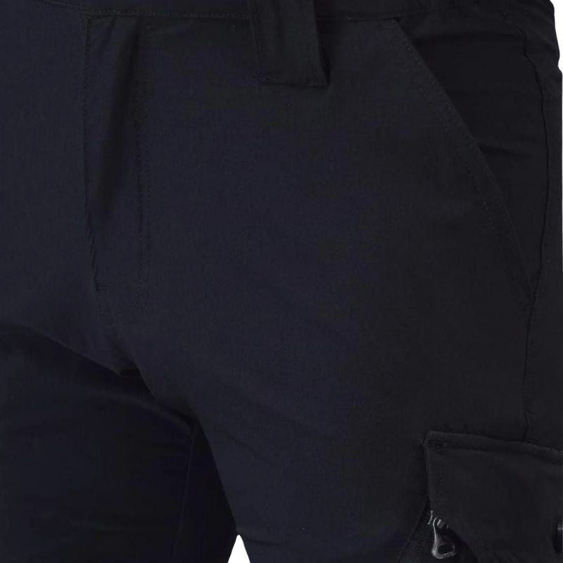 Black men's nylon lycra stretchable cargo pants by Indian Sports Gear, featuring multiple pockets and a comfortable fit.